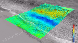 2D displacement map derived from Sentinel-1 pixel correlation following the 25 April 2015 M 7.8 Gorkha, Nepal earthquake and generated by the Remote Sensing Technology Institute of DLR. The Sentinel-1 data allowed to measure a negative range shift of about 0.8 meters, corresponding to a possible uplift of about 1 meter and an azimuth shift on the order of 1.8 meters. This is an absolute measurement derived from Sentinel-1 orbital geometry without any reference point on ground. Courtesy of DLR.
